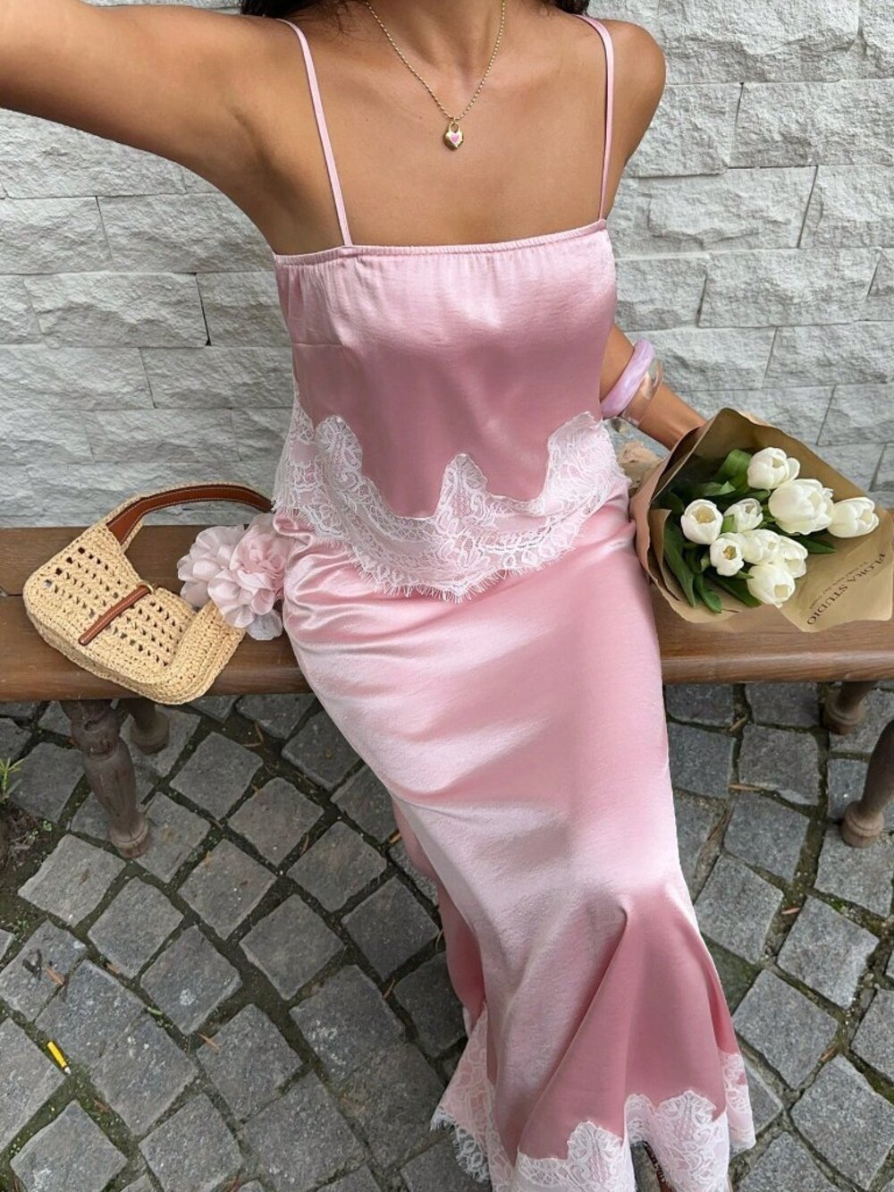 Pink Modest Women's Camisole Top & Lace Maxi Skirt Set - Picture 4 of 7